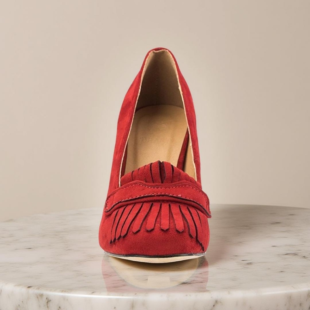 Red Fringe Curved Toe Pump